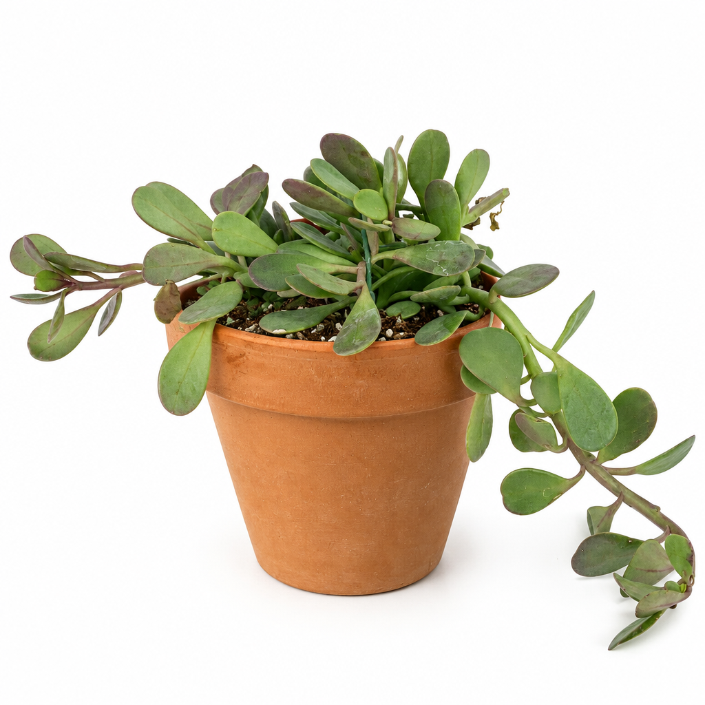 Purple Trailing Jade planted directly in warm orange terracotta with trailing fleshy green leaves on white