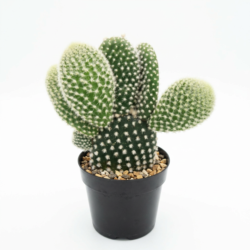 Angel Wings cactus with white bristle tufts in a black nursery pot on a pure white background.