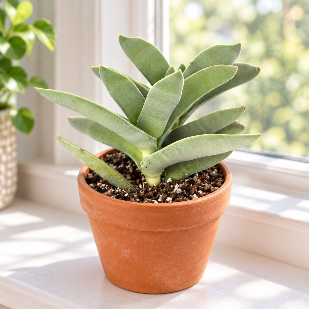 Propeller Succulent in terracotta pot on indoor windowsill; decorative pot not included