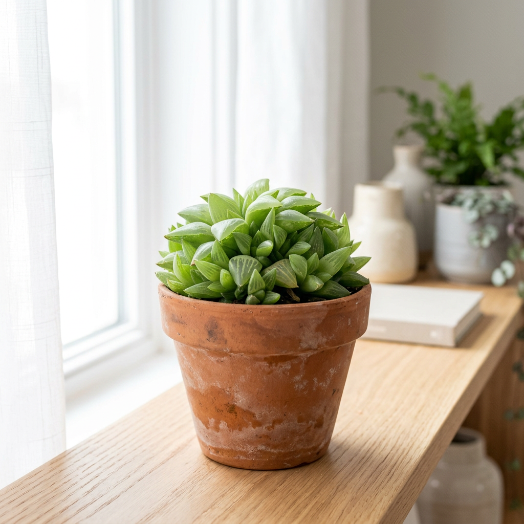 Haworthia retusa in a terracotta pot beside a bright indoor window; decorative pot not included