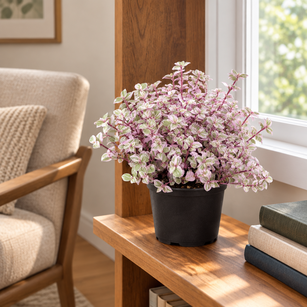 Tradescantia Pink Panther in black nursery pot on a furnished room shelf near a window