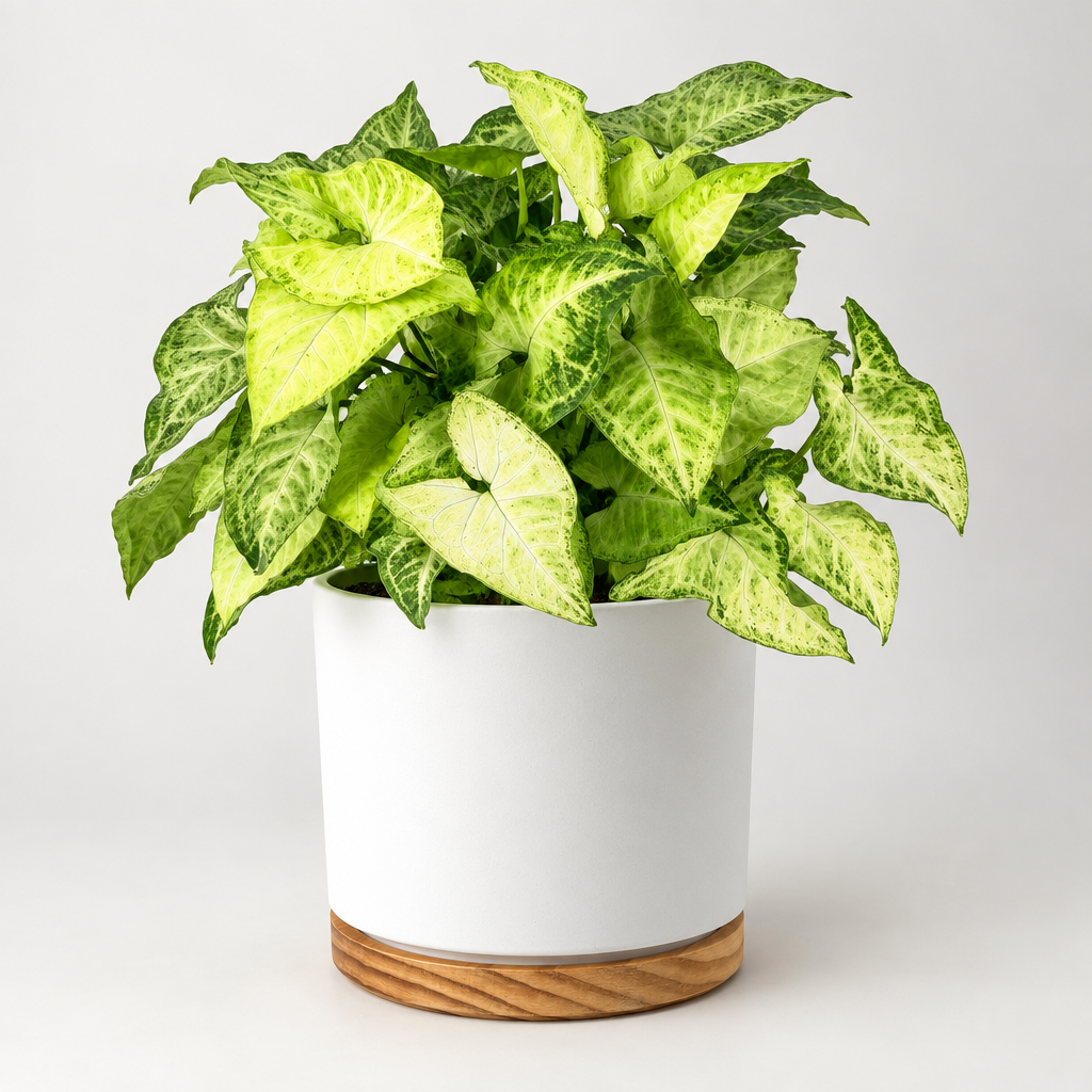 Syngonium White Butterfly displayed in a white Oslo planter with a wood-grain base