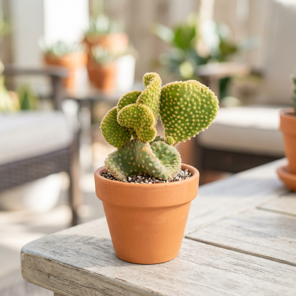 Funny Bunny crested cactus styled directly in terracotta on a patio; decorative pot sold separately.