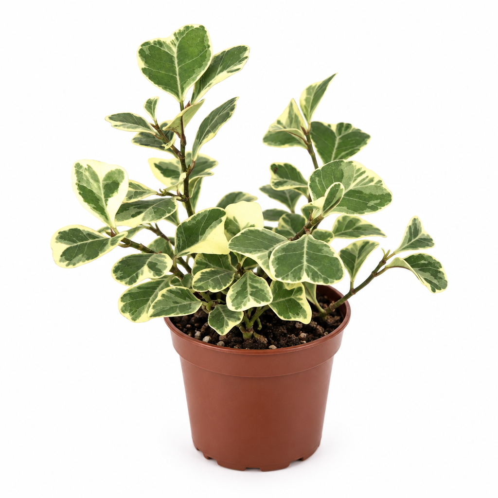 Variegated Ficus triangularis with green and cream leaves in one nursery pot on white