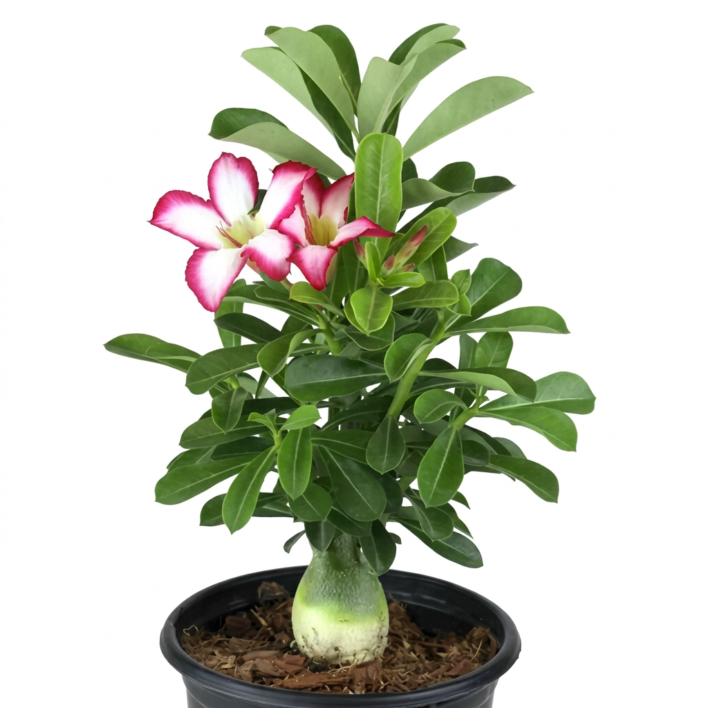 Desert Rose flower-color example showing white-centered blooms with pink edges; blooms are not guaranteed at shipping.