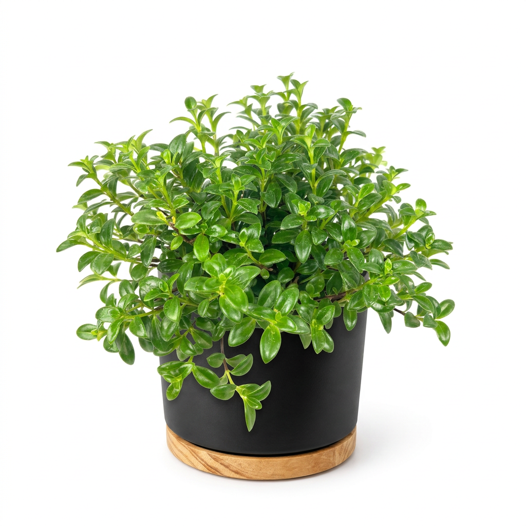 Nematanthus Candy Corn styled in a black 6-inch OSLO planter with wood-grain base; decorative planter sold separately