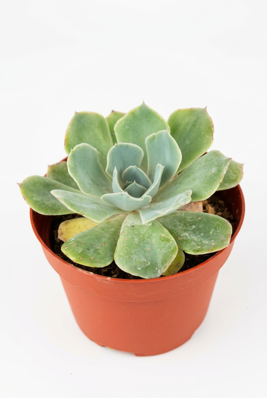 Echeveria glauca Blue Rose with blue-green rosette leaves in a 2.5-inch nursery pot against white.