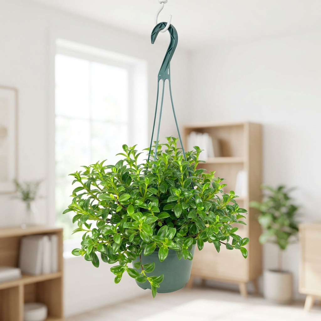 Nematanthus Candy Corn with glossy green foliage hanging in its nursery pot near a bright indoor window