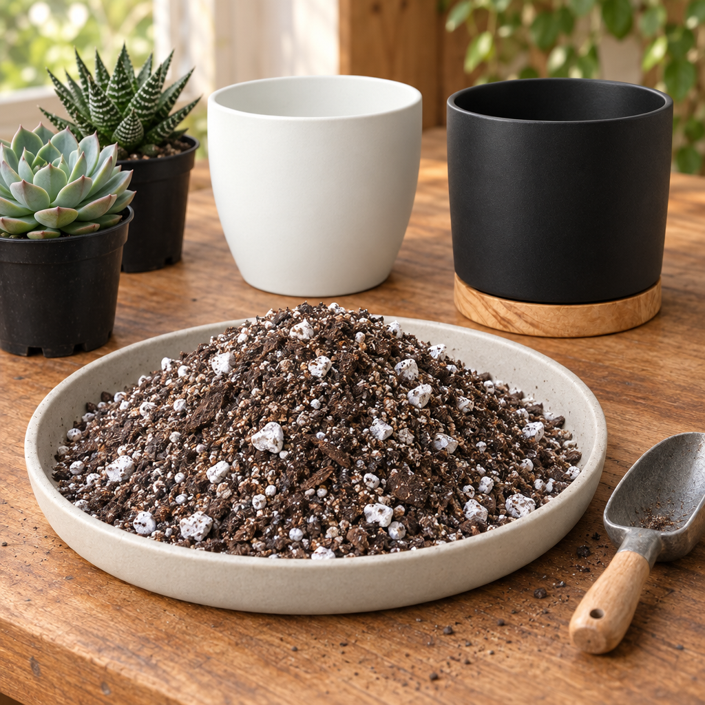 Succulent and cactus soil blend on a potting bench with plants and white Basel and black Oslo planters, sold separately