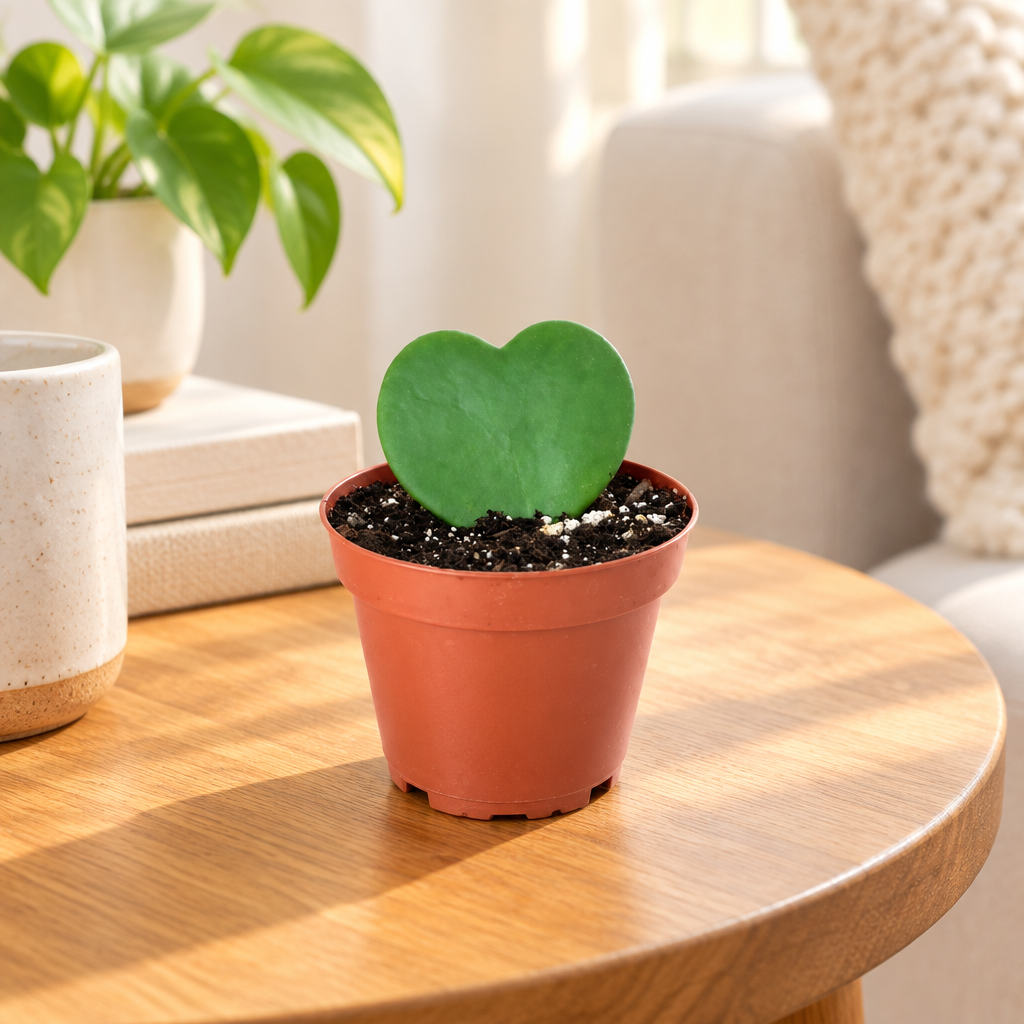 Single-heart Hoya kerrii in small nursery pot on living room side table