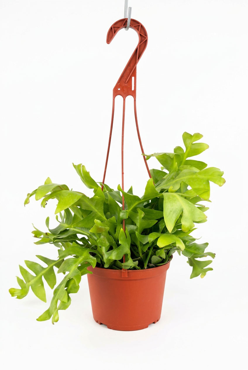 Shark Tooth Orchid Cactus in a reddish-brown 6-inch plastic nursery hanging pot with matching plastic hanger against white.