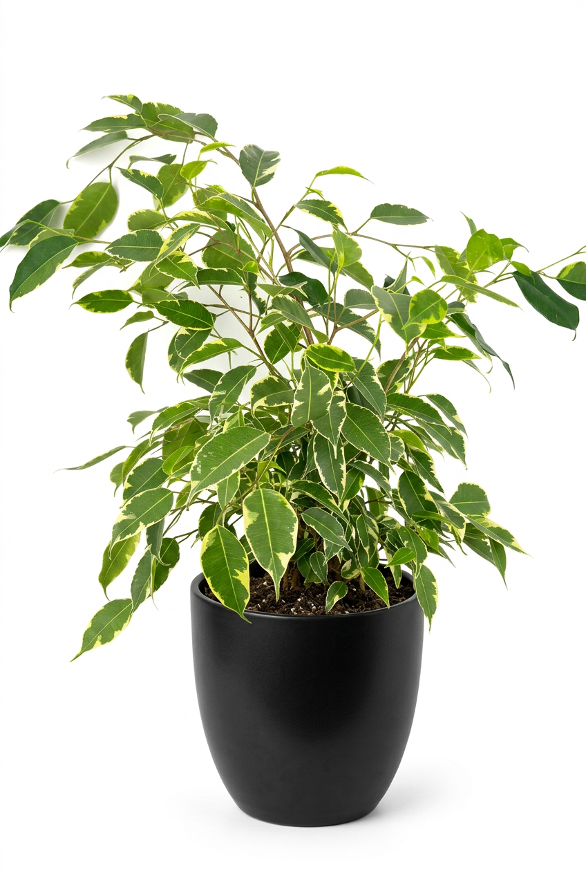 Ficus benjamina Spearmint styled in a black BASEL planter on a white background; decorative planter sold separately