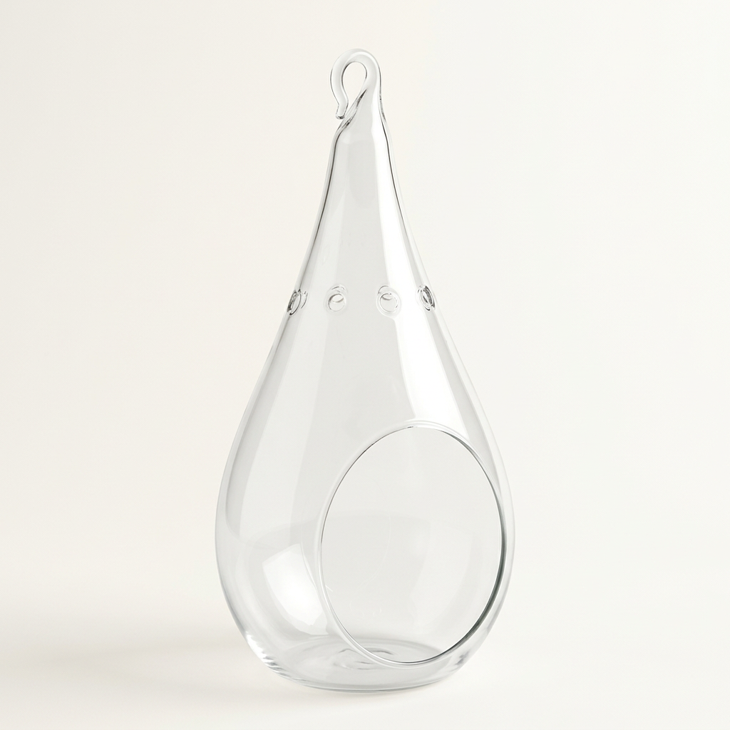 Empty 7.25-inch clear glass teardrop plant orb terrarium, studio view