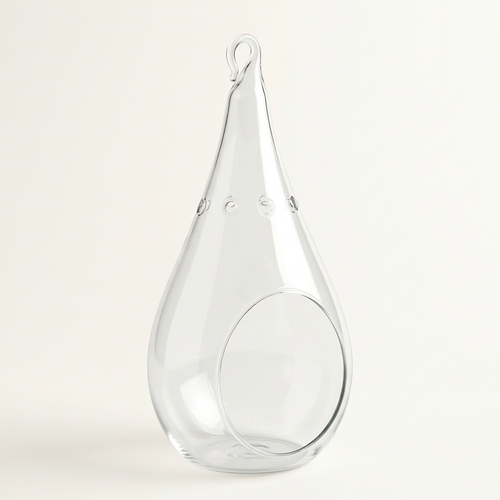 Empty 7.25-inch clear glass teardrop plant orb terrarium, studio view