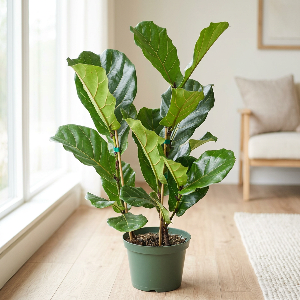 Ficus lyrata bush in an 8-inch nursery pot with bamboo supports near a bright indoor window; furnishings not included
