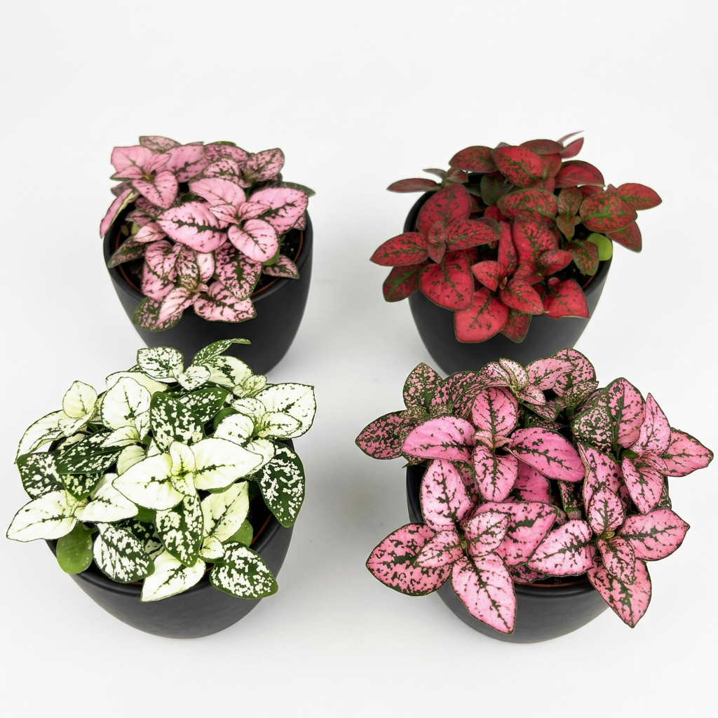 Pink, red, white and rose Hypoestes Splash collection in four separate black BASEL 4.7-inch planters on white; planters sold separately, each plant ships in a 3.5-inch nursery grow pot