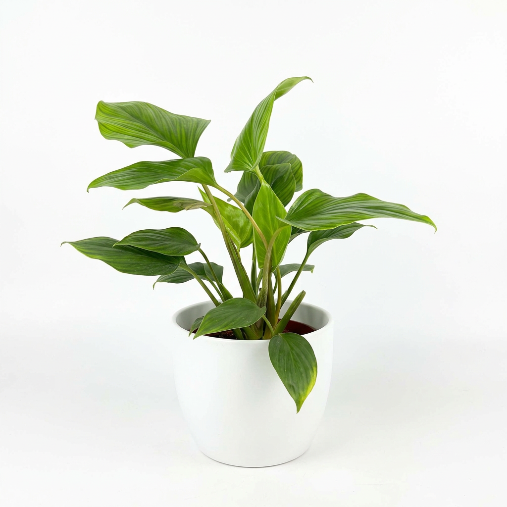 Homalomena Queen of Hearts styled in a white BASEL planter on a white background; decorative planter sold separately