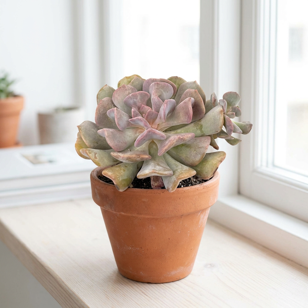 Echeveria Cubic Frost styled by a bright indoor window in a terracotta pot; decorative pot sold separately