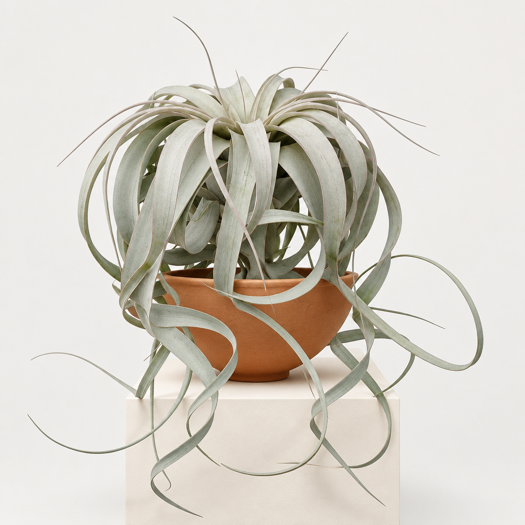 XL Tillandsia Xerographica displayed in a warm terracotta bowl with cascading leaves; bowl not included