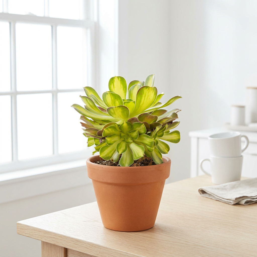 Aeonium Lemon Lime styled near a bright indoor window in a terracotta pot; decorative pot sold separately