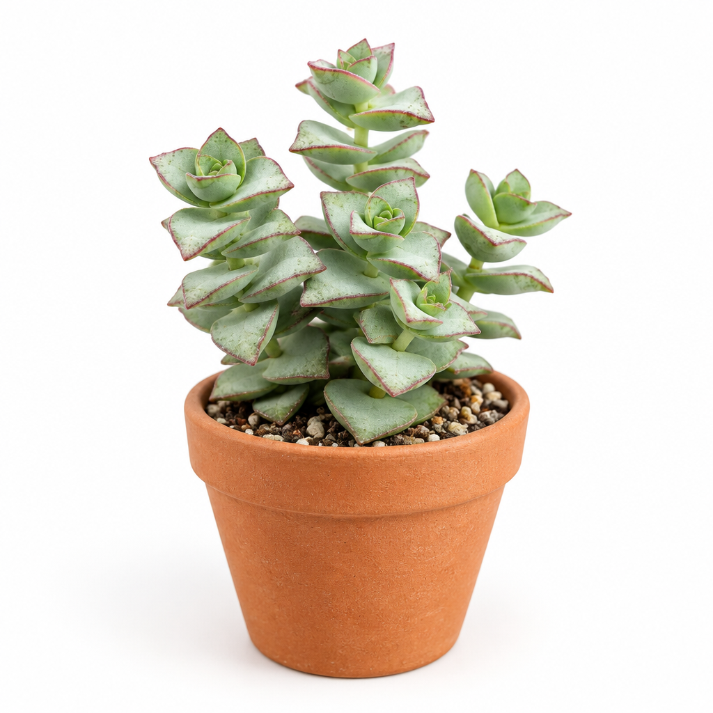 String of Buttons succulent planted directly in a warm terracotta pot, with stacked blue-green leaves edged in red