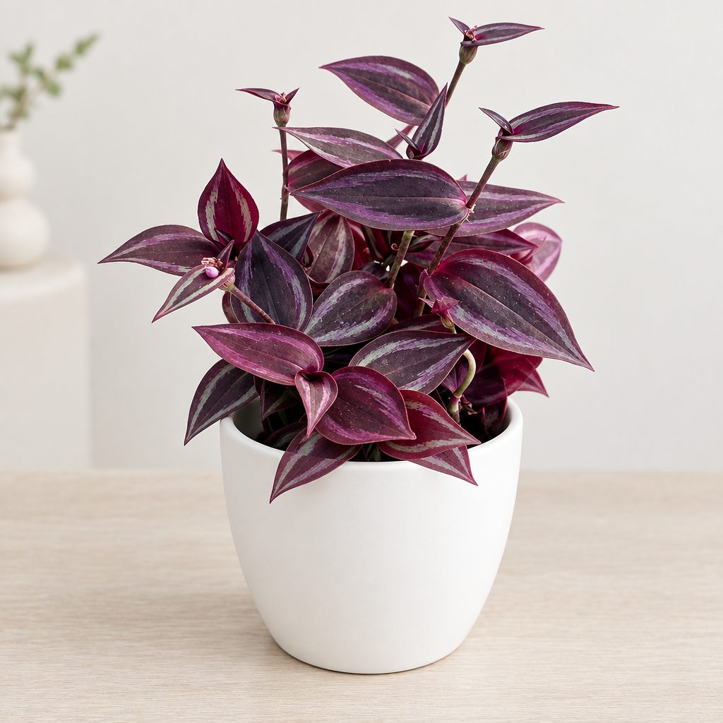 Tradescantia Red Gem styled in a separately sold white Basel planter