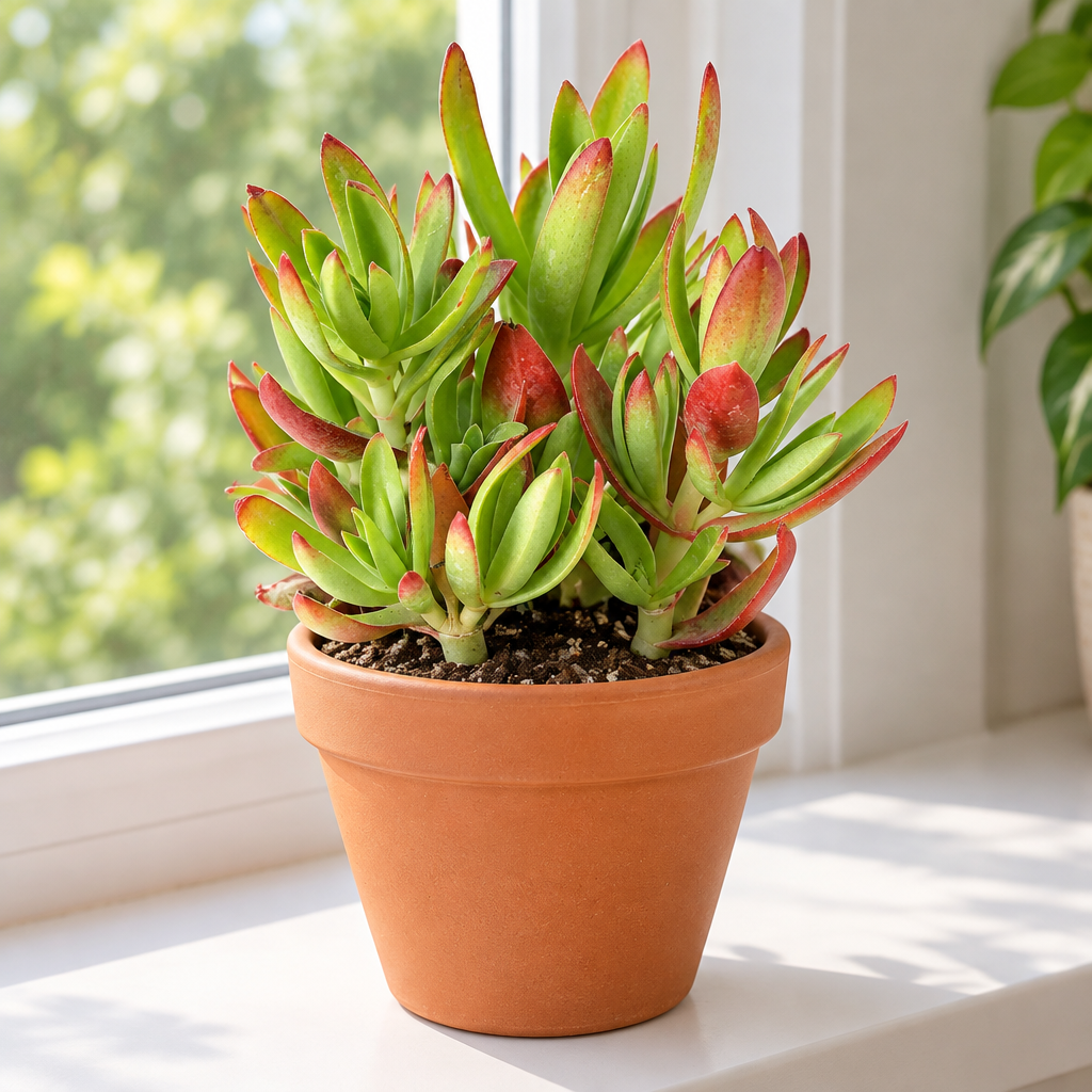 Campfire Crassula in terracotta pot on sunny indoor windowsill; pot not included