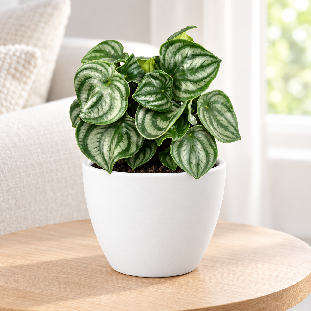 Watermelon Peperomia styled in a white Basel 4.7-inch planter indoors; decorative planter sold separately