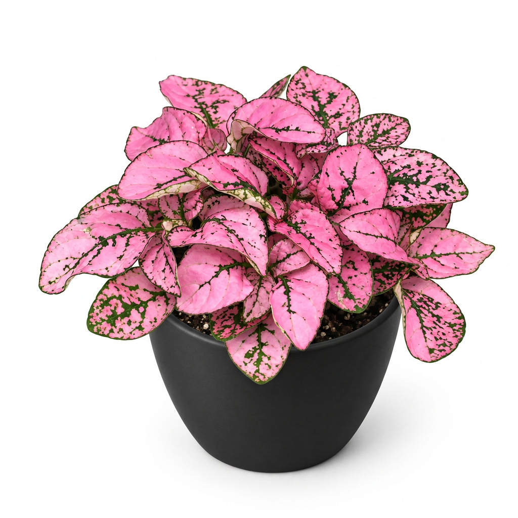 Pink Splash Polka Dot Plant with pink and green-speckled leaves styled in a black BASEL 4.7-inch planter on a white background; decorative planter sold separately