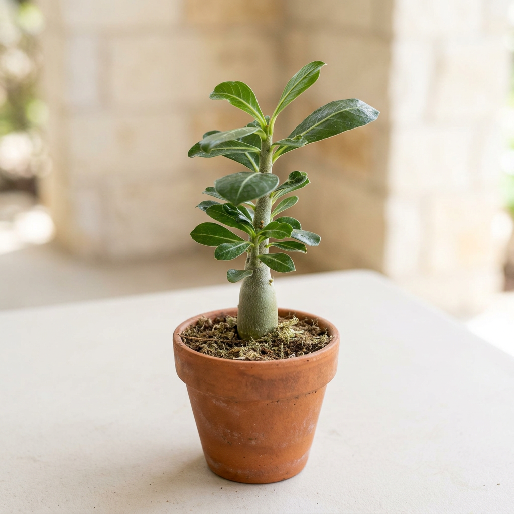 Young nonflowering Desert Rose styled directly in terracotta on a patio; decorative pot sold separately.