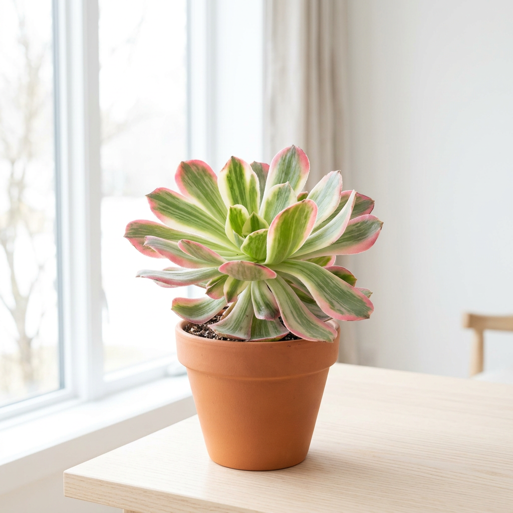 Aeonium Pink Witch styled near a bright indoor window in a terracotta pot; decorative pot sold separately