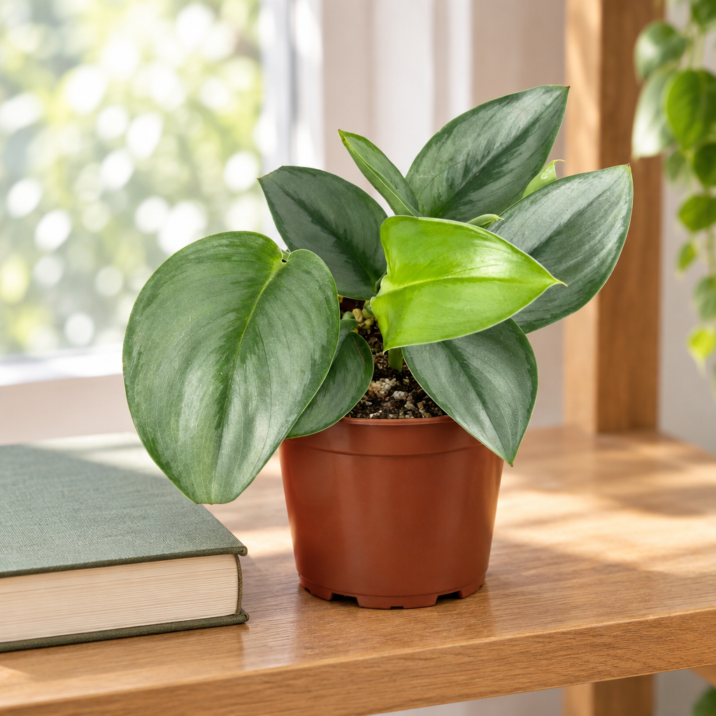 Scindapsus treubii Moonlight in brown nursery pot on bright indoor shelf