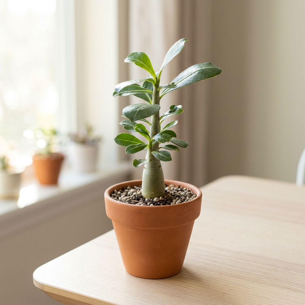 Young nonflowering Desert Rose styled directly in terracotta beside a sunny indoor window; decorative pot sold separately.