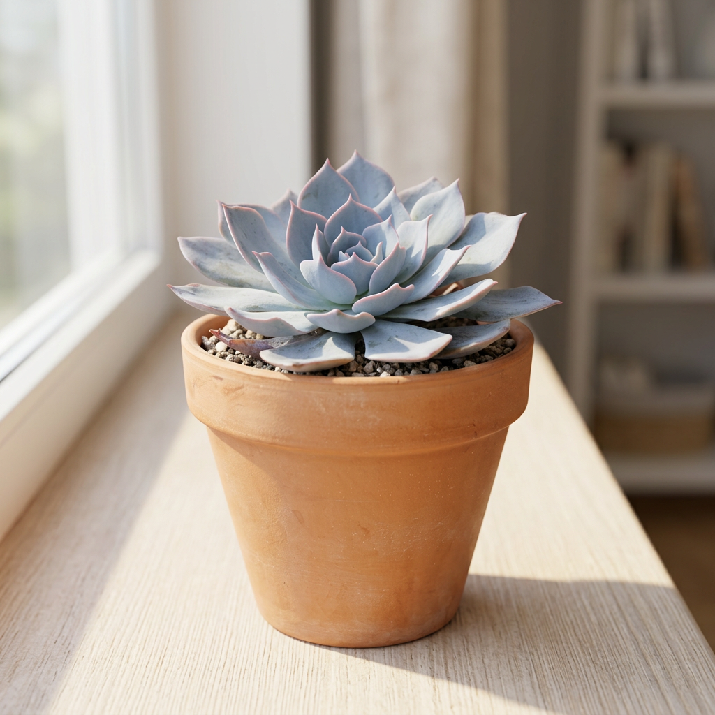 Blue Echeveria Peacockii styled in a terracotta pot indoors on a windowsill; terracotta pot not included