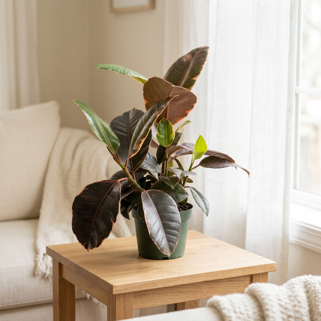 Ficus Decora Ruby in its nursery pot on a side table near a bright indoor window