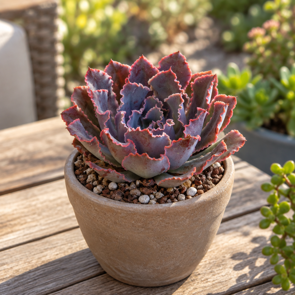 Echeveria Neon Breakers in taupe terracotta on an outdoor patio table