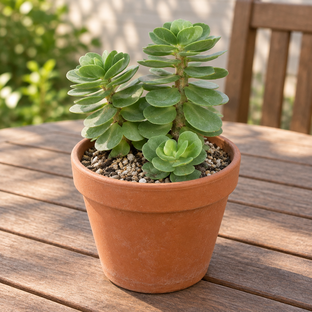 Portulaca molokiniensis in a terracotta pot on an outdoor patio table