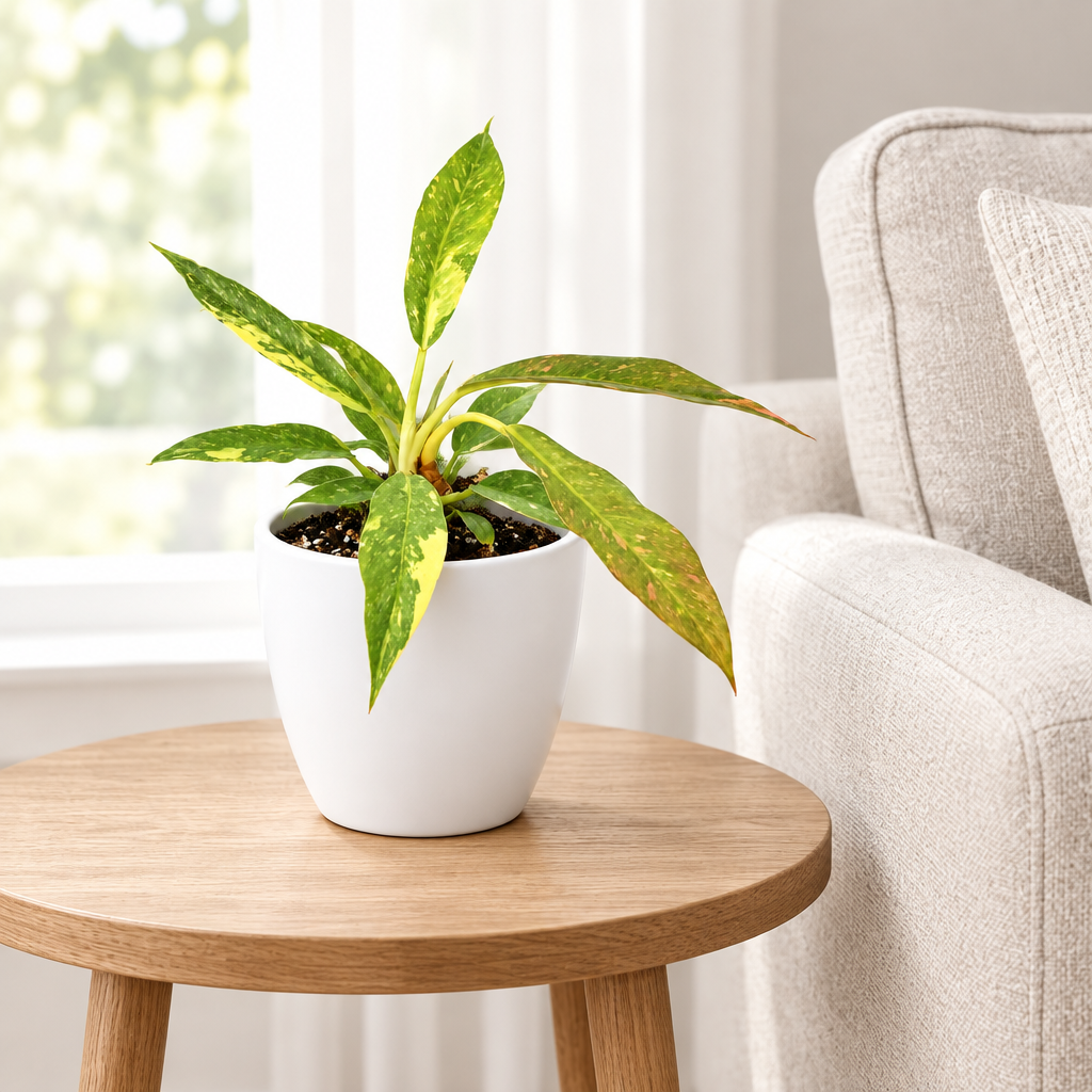 Young Philodendron Ring of Fire styled with white Basel 4.7-inch planter indoors; planter sold separately
