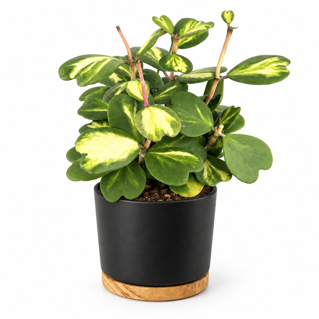 Reverse-variegated Hoya kerrii styled in separately sold black Oslo planter with wood-grain base