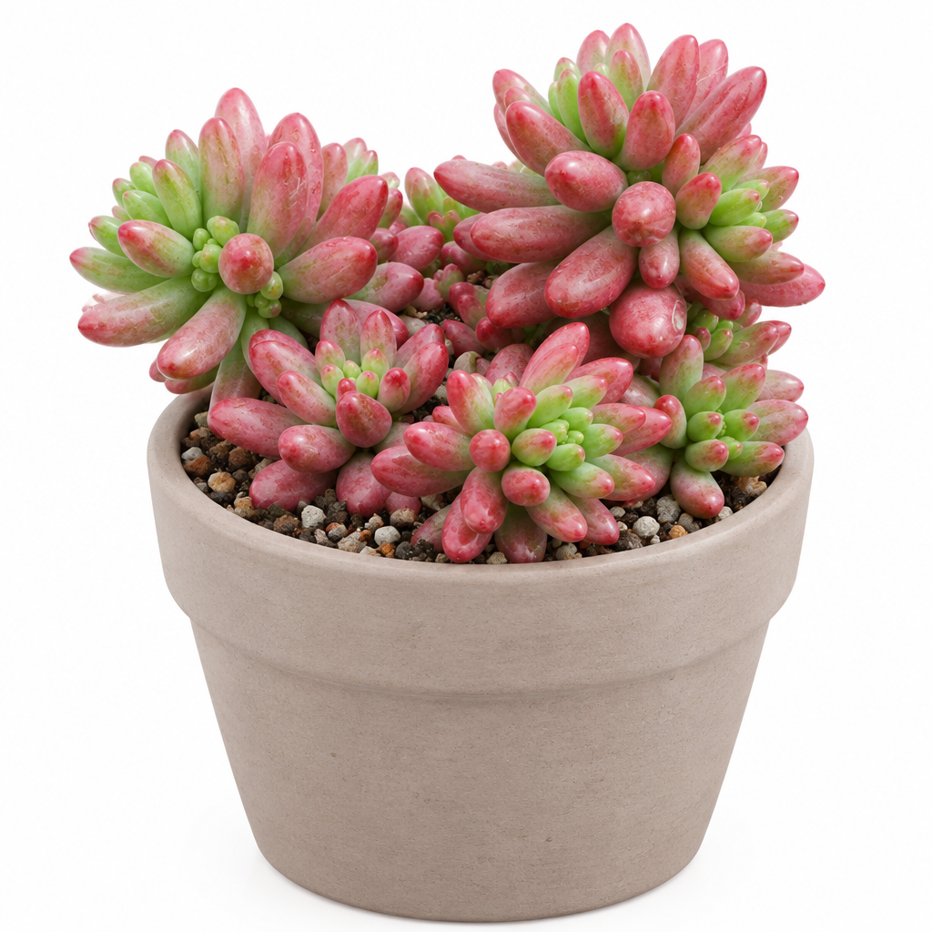 Pastel Jelly Bean Sedum Aurora directly planted in taupe terracotta on white