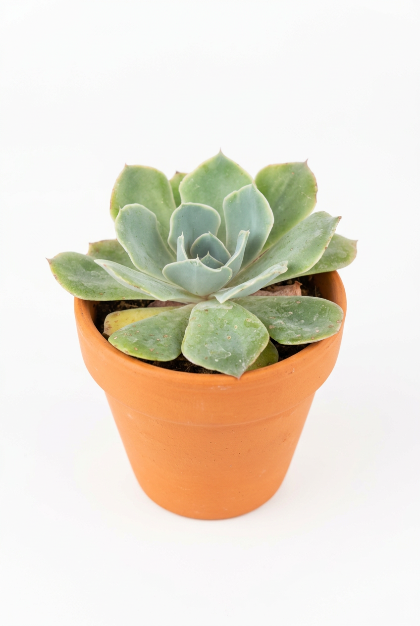 Alternate studio view of Echeveria glauca Blue Rose in terracotta on white; decorative pot sold separately.