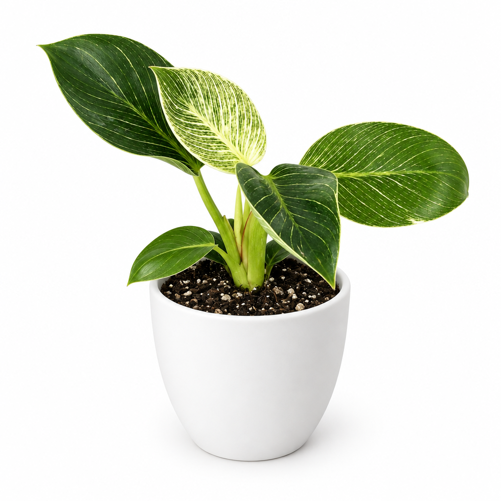 Young Philodendron Birkin with green and pale pinstriped leaves styled in separately sold white Basel planter on white