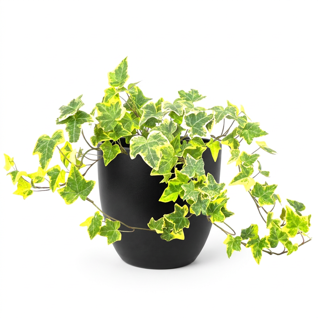Gold Child English Ivy styled in a black six-inch BASEL planter on white; plant and decorative planter sold separately.