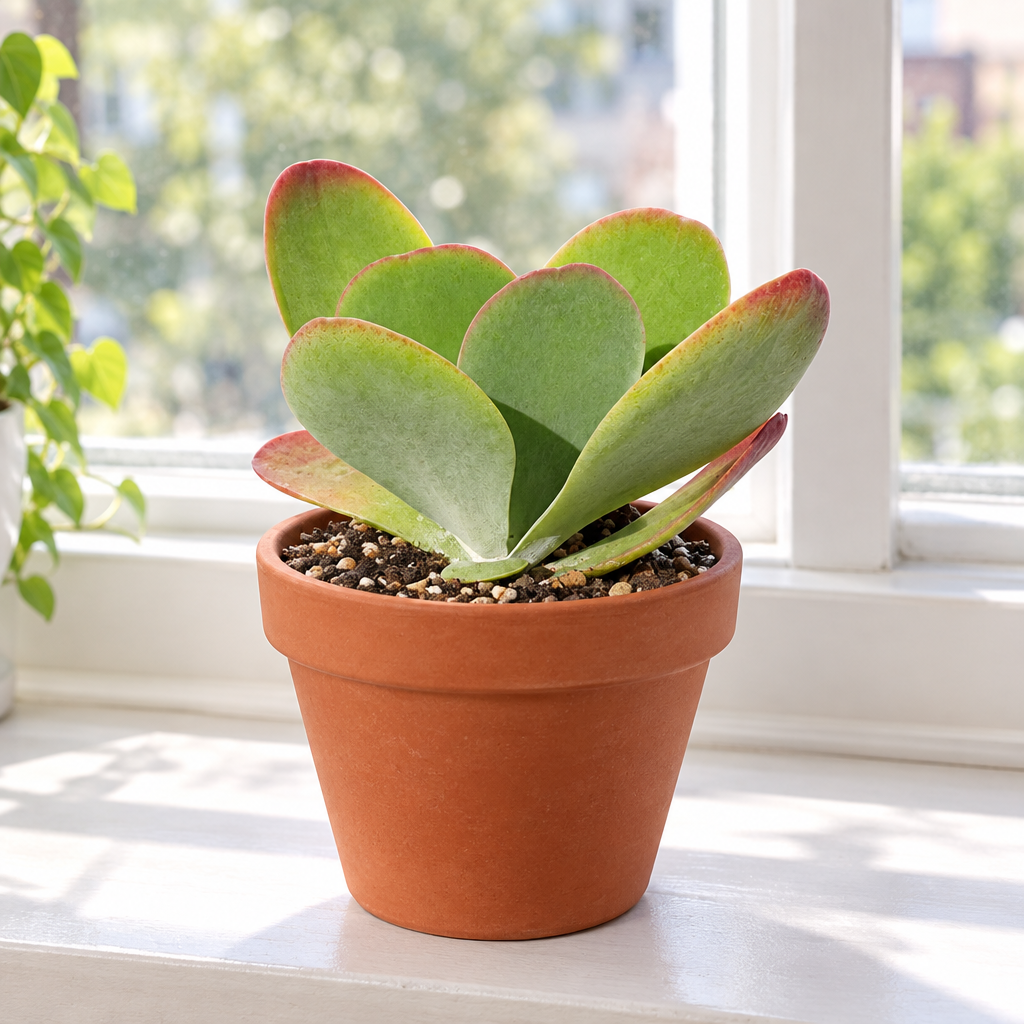 Flapjacks Kalanchoe in terracotta pot on a bright indoor windowsill; pot not included