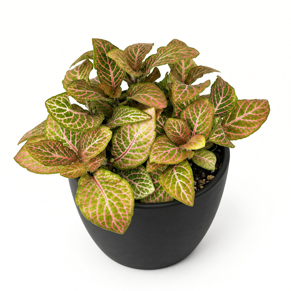 Pink Fittonia Nerve Plant with pink-veined green leaves styled in a black BASEL 4.7-inch planter on white; decorative planter sold separately