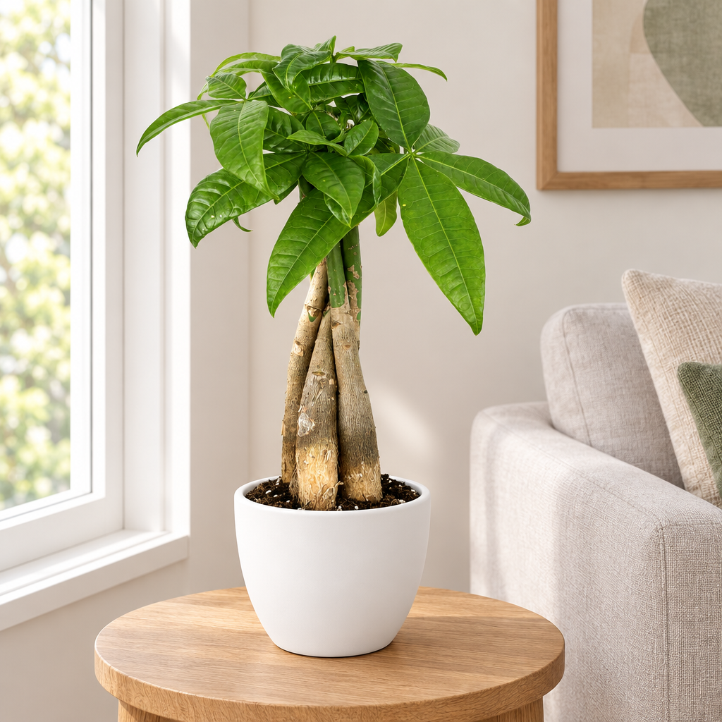 Money tree with subtle loose trunk braid styled in separately sold white Basel planter in a living room