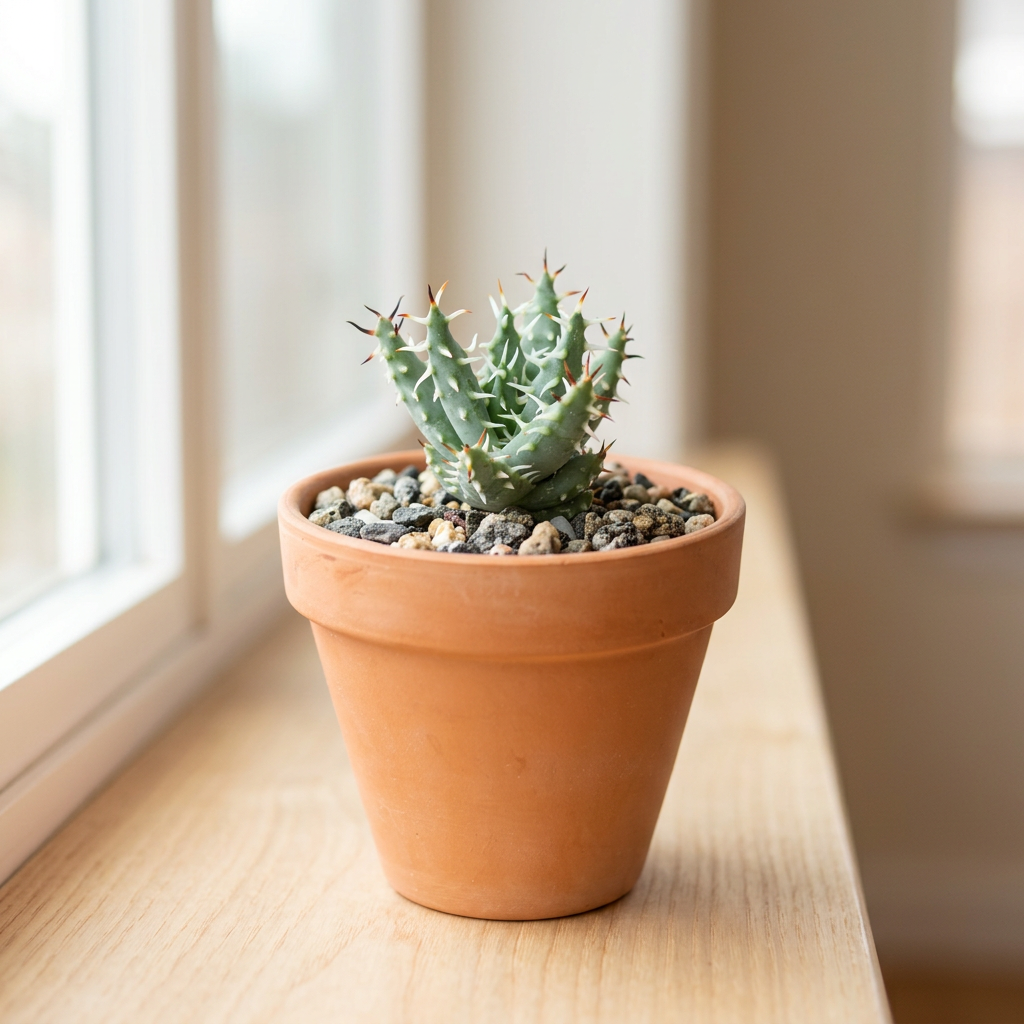 Aloe erinacea styled in a terracotta pot indoors on a windowsill; terracotta pot not included