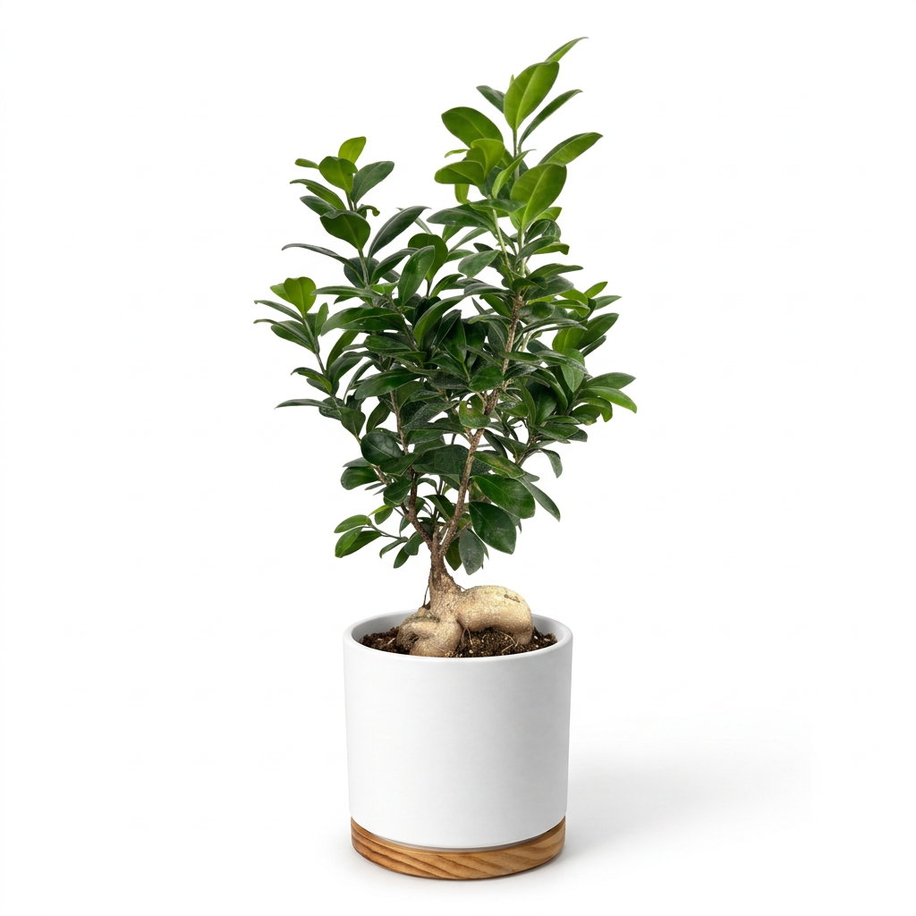 Ginseng Ficus styled in a white six-inch OSLO planter with wood-grain base; plant and decorative planter sold separately.