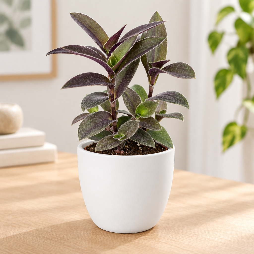 Tradescantia Pale Puma styled in separately sold white Basel planter