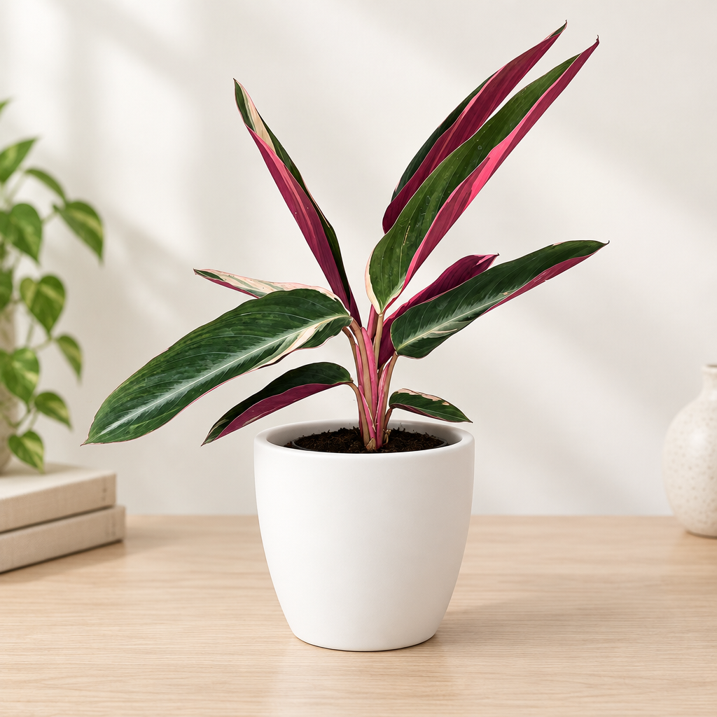 Stromanthe Triostar styled in separately sold white Basel planter